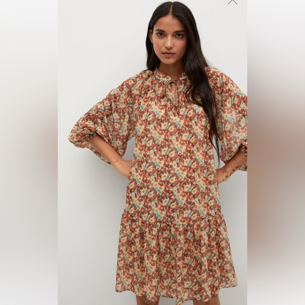 Mango Floral Tiered Long-Sleeve Mini Dress in Cream and Rust - Picture 3 of 3